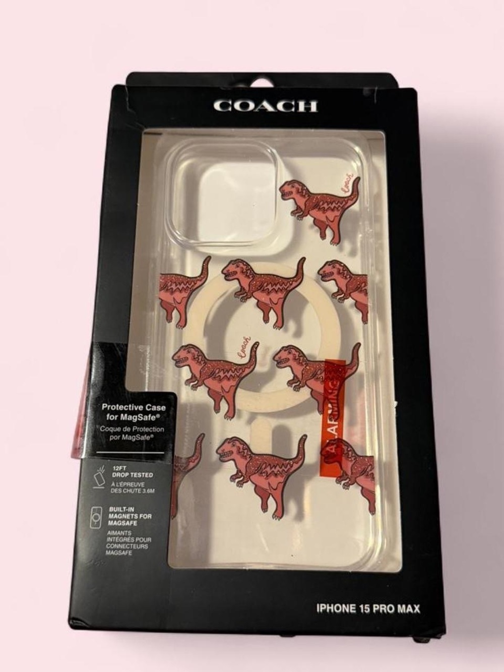 COACH Clear MagSafe Case with Pink Dino Motif for iPhone 15 Pro Max